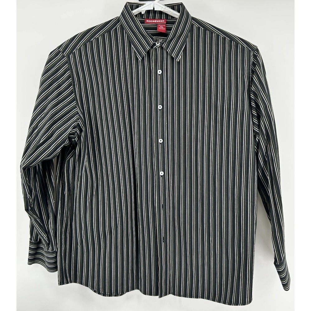 Roca Wear Long Sleeve Button Down Black Striped Cotton Shirt Men's‎ 2XL